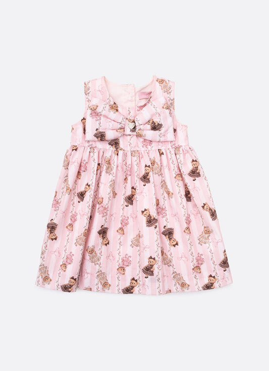 Vestido Algodão Estampa Listras e Ursas Laço Puffer