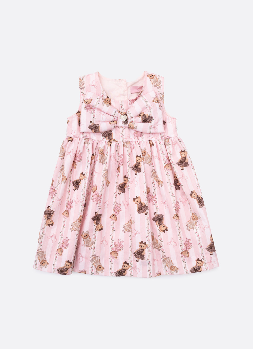 Vestido Algodão Estampa Listras e Ursas Laço Puffer