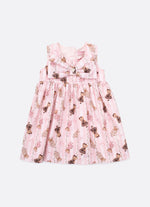 Vestido Algodão Estampa Listras e Ursas Laço Puffer
