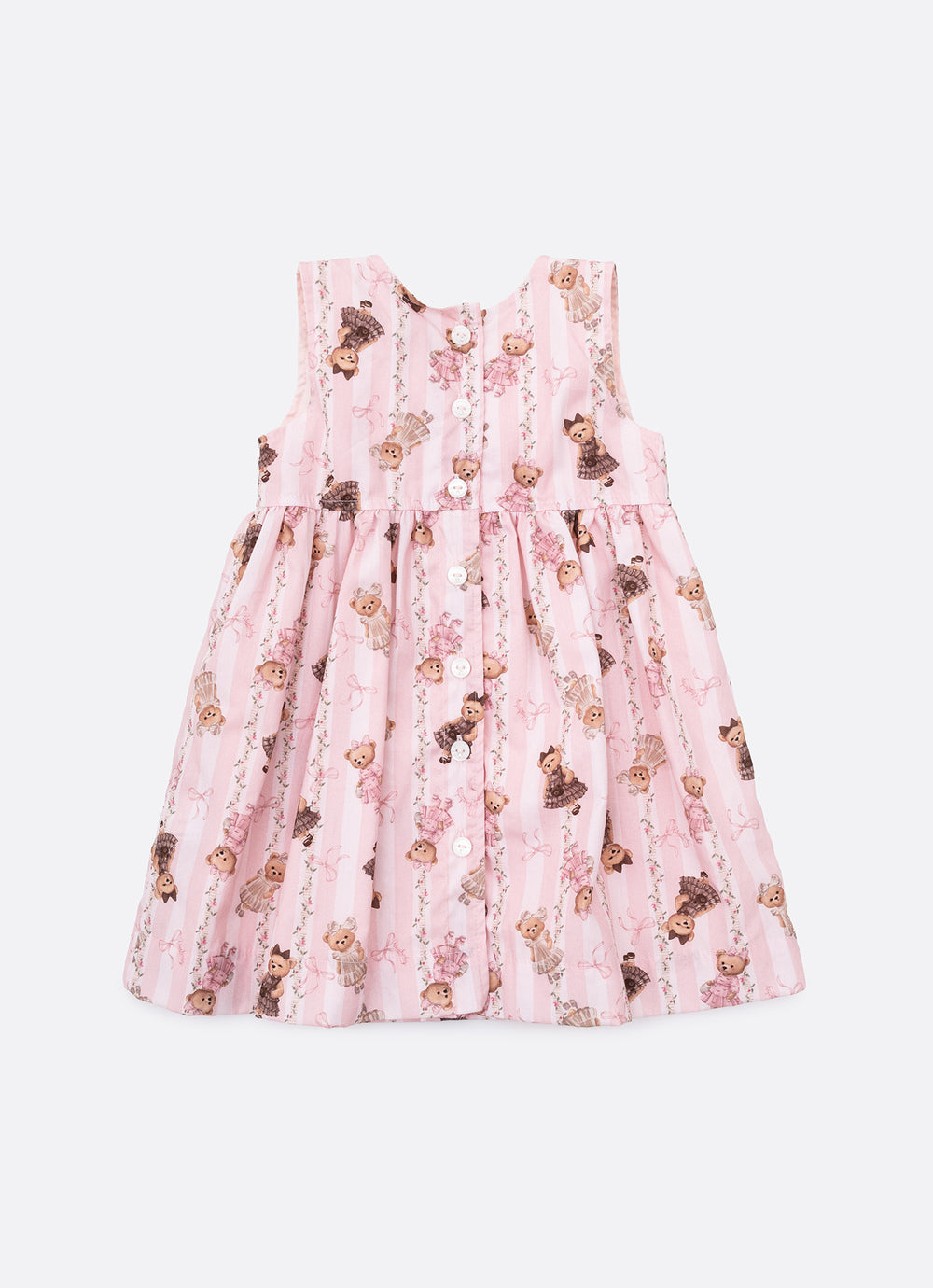Vestido Algodão Estampa Listras e Ursas Laço Puffer