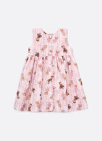 Vestido Algodão Estampa Listras e Ursas Laço Puffer