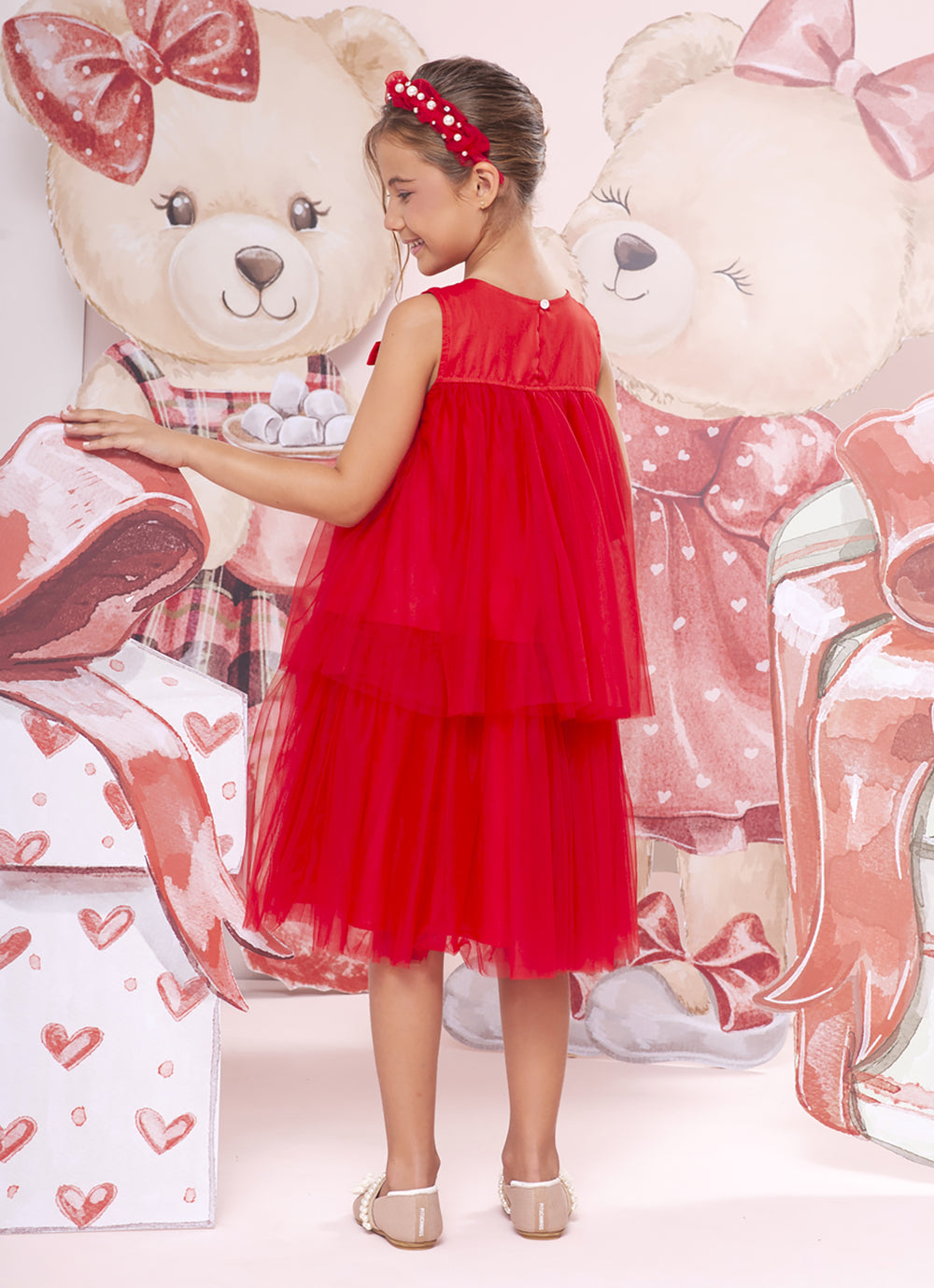Vestido Tule Babado Lacinho Natal