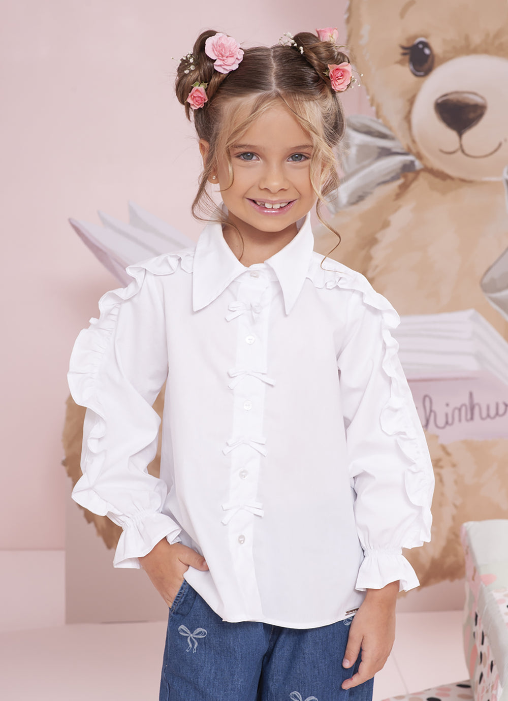 Camisa Tricoline Babado Mangas Mini Laços