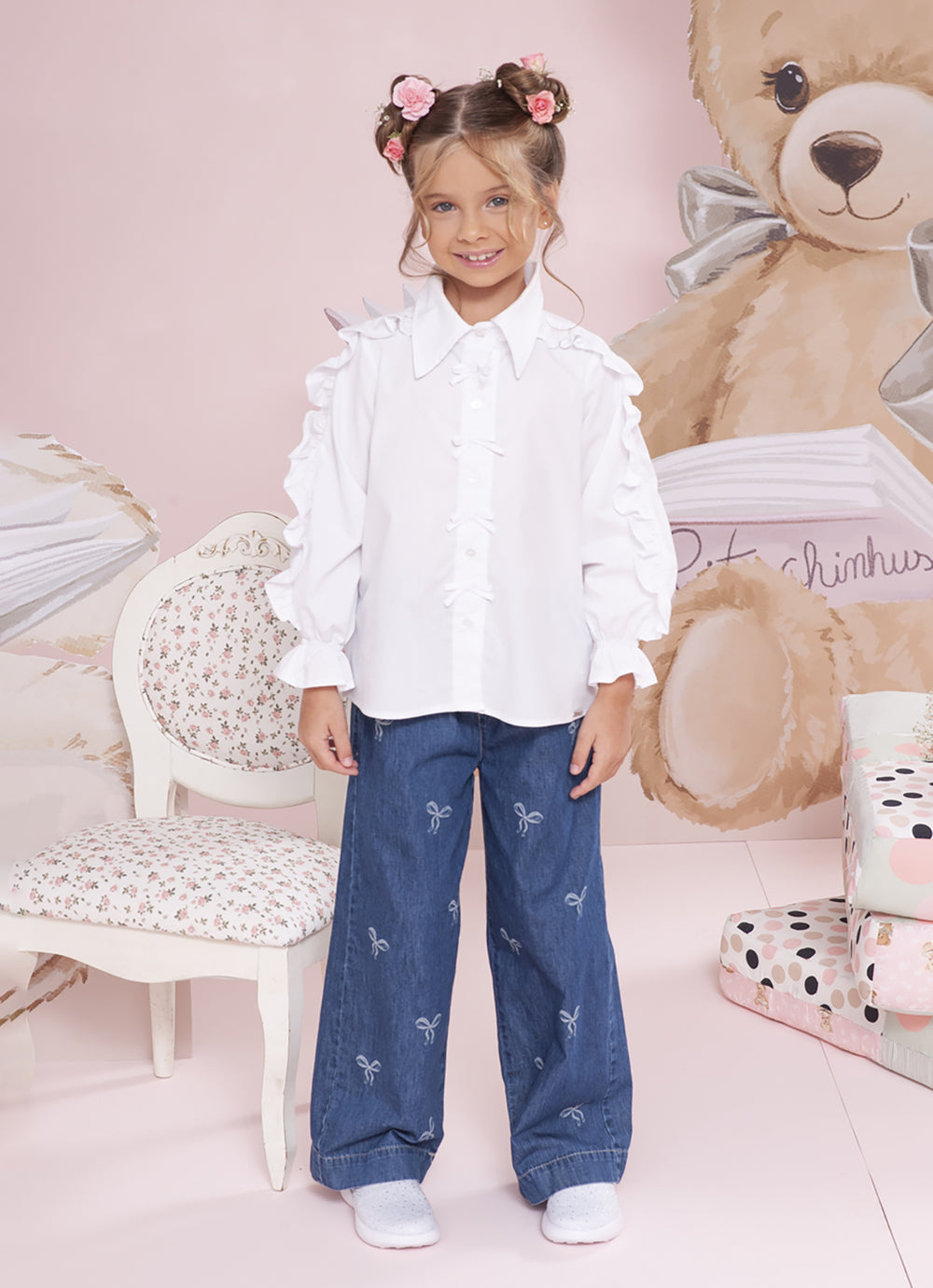Camisa Tricoline Babado Mangas Mini Laços