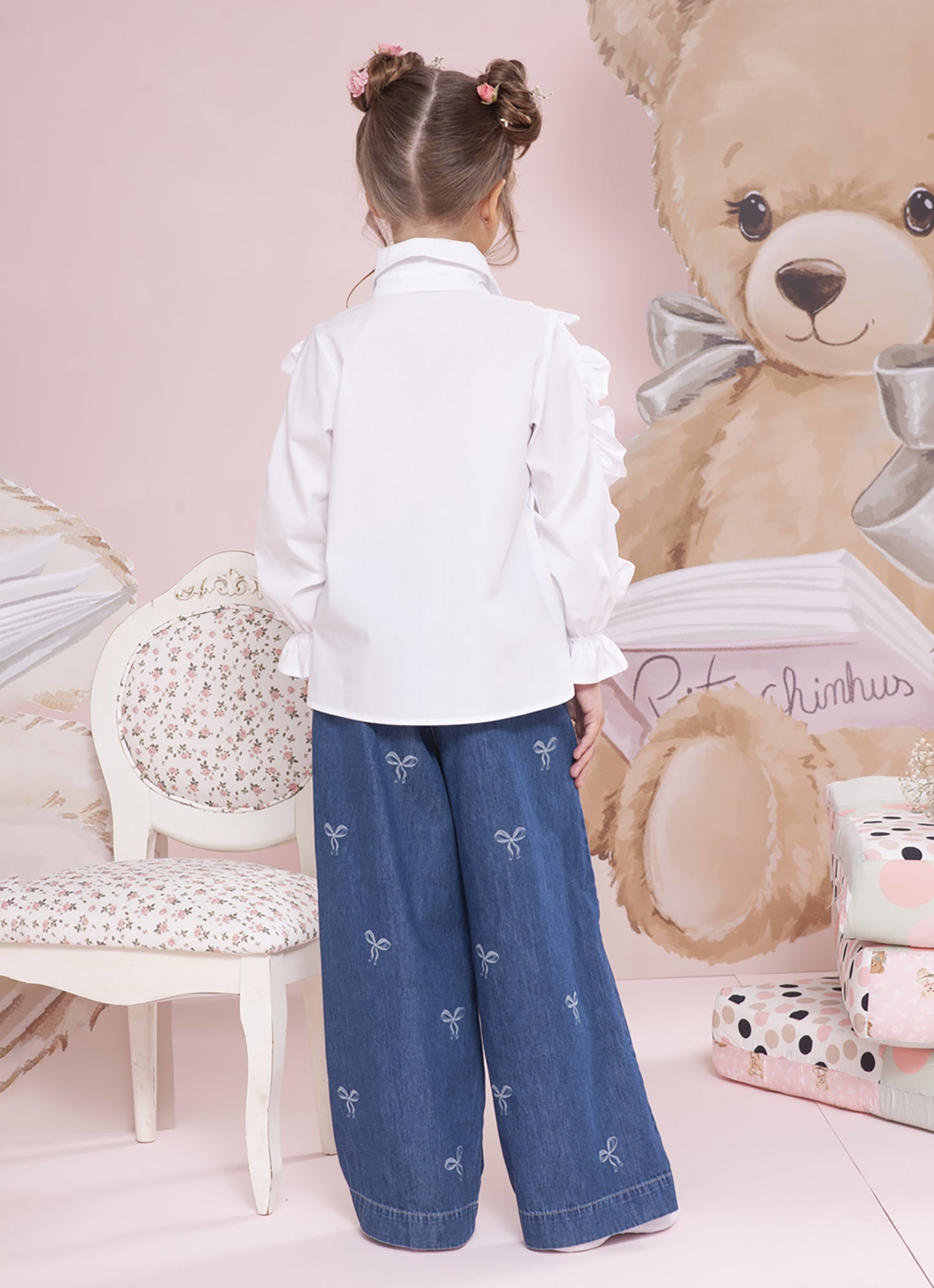 Camisa Tricoline Babado Mangas Mini Laços