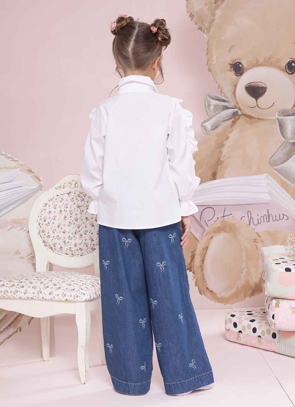 Camisa Tricoline Babado Mangas Mini Laços