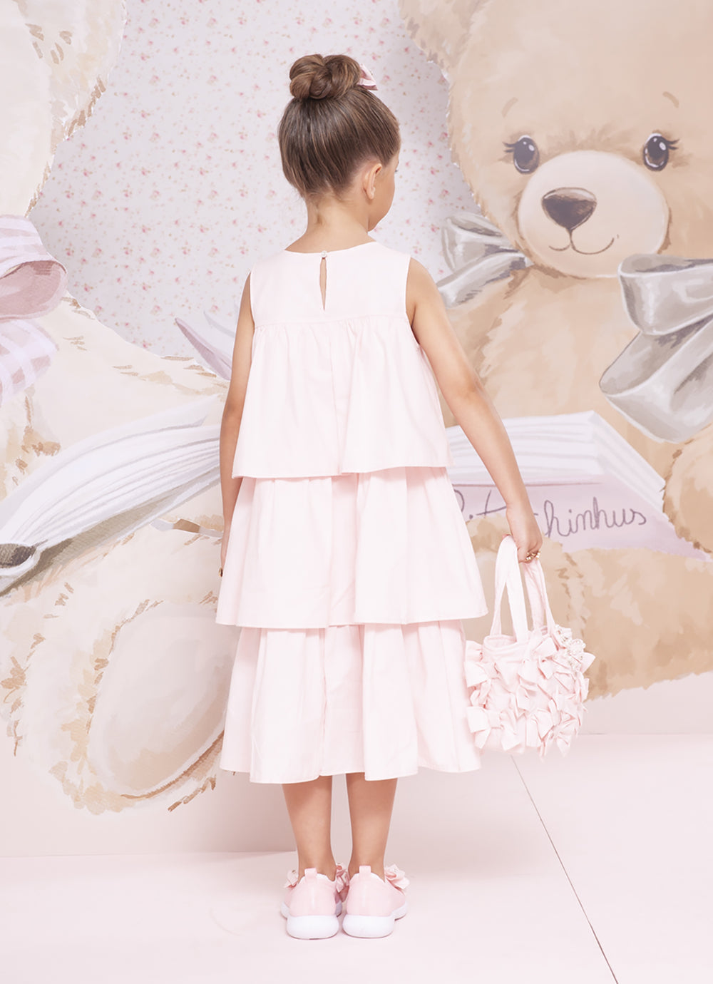 Vestido Tricoline Babados Laço Bordado