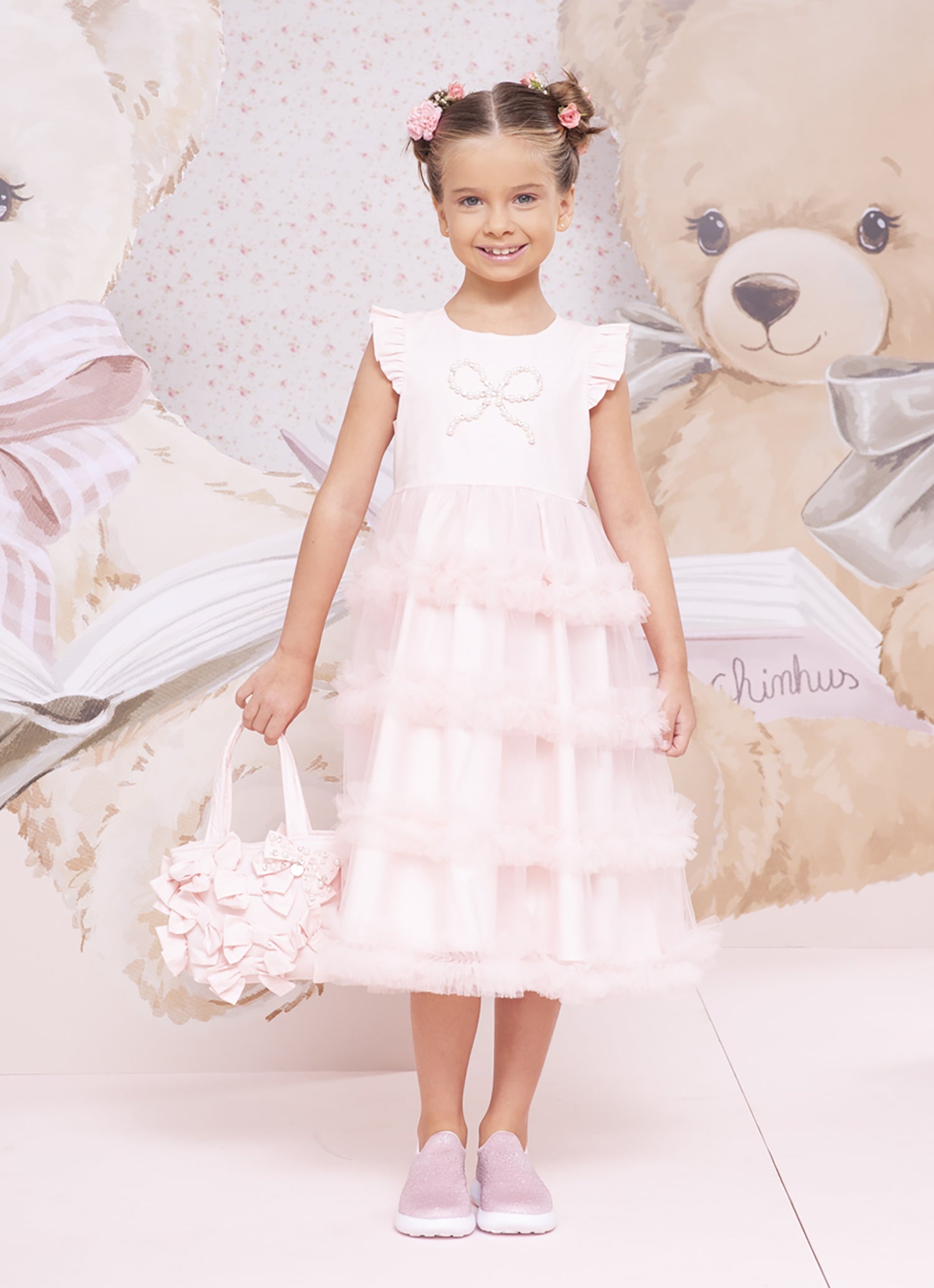 Vestido Festa Laço Bordado Saia Tule