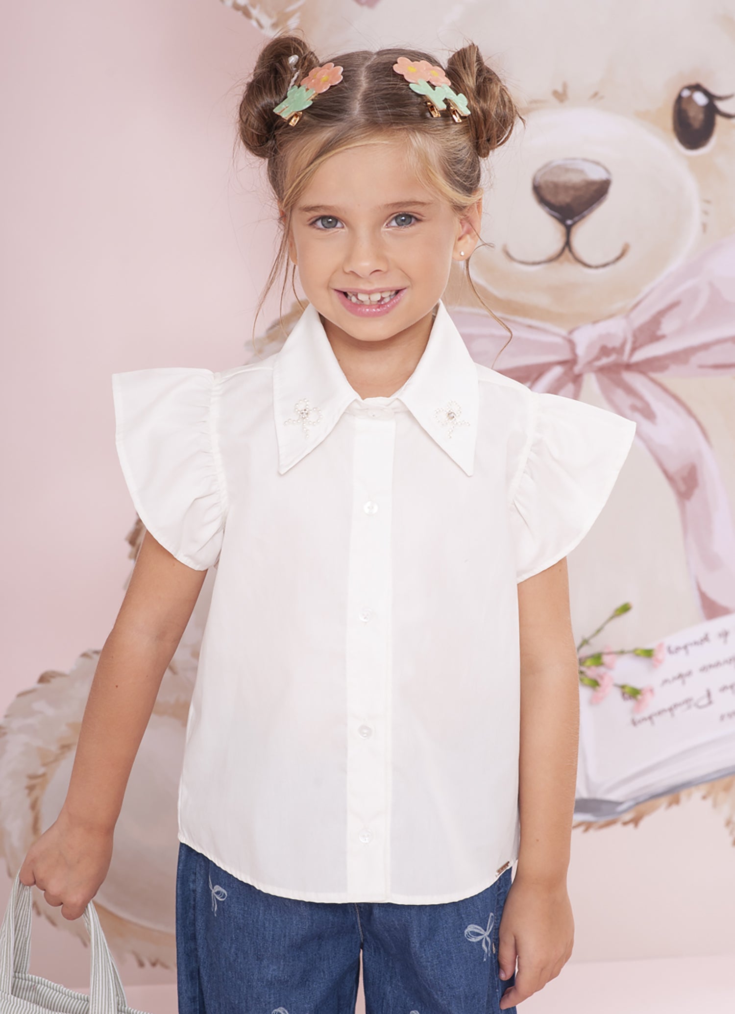 Camisa Tricoline Lacinhos Bordados