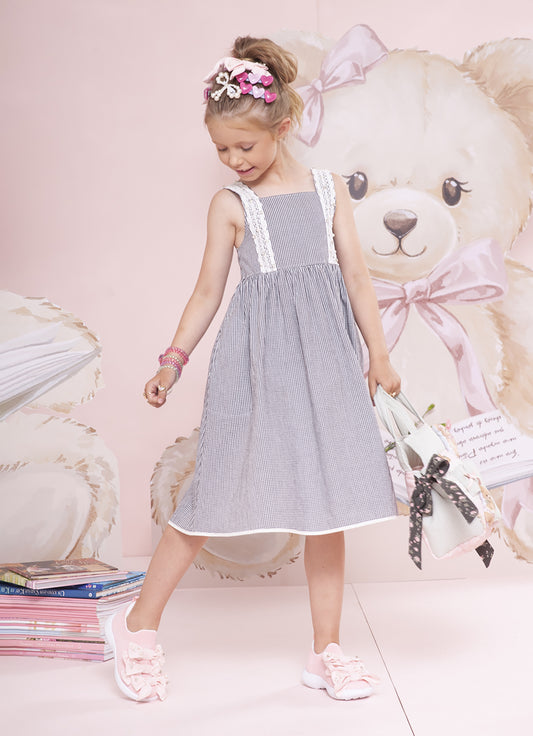 Vestido Algodão Xadrez Renda Bordada