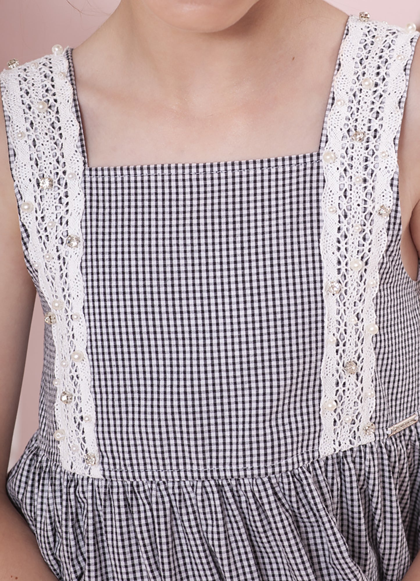 Vestido Algodão Xadrez Renda Bordada