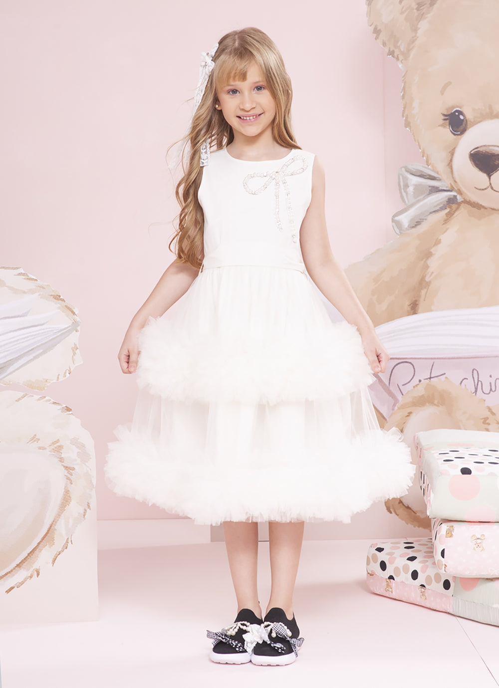 Vestido Festa Saia Tule Frufru Laço Bordado