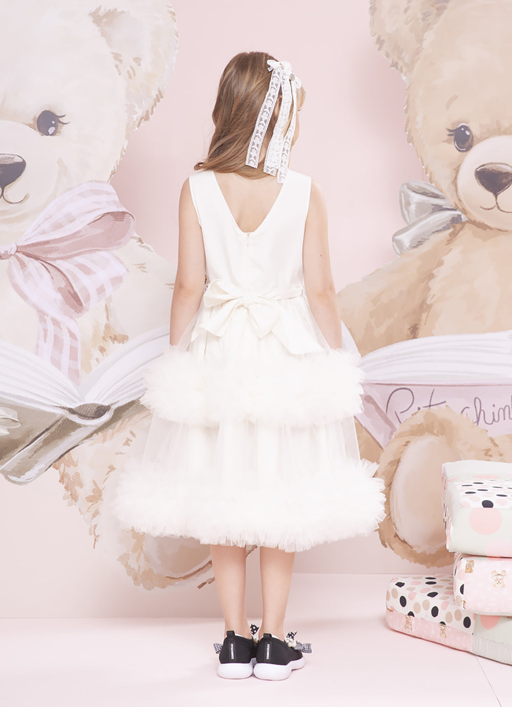 Vestido Festa Saia Tule Frufru Laço Bordado