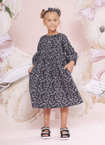 Vestido Algodão Floral Laços Preto e Branco