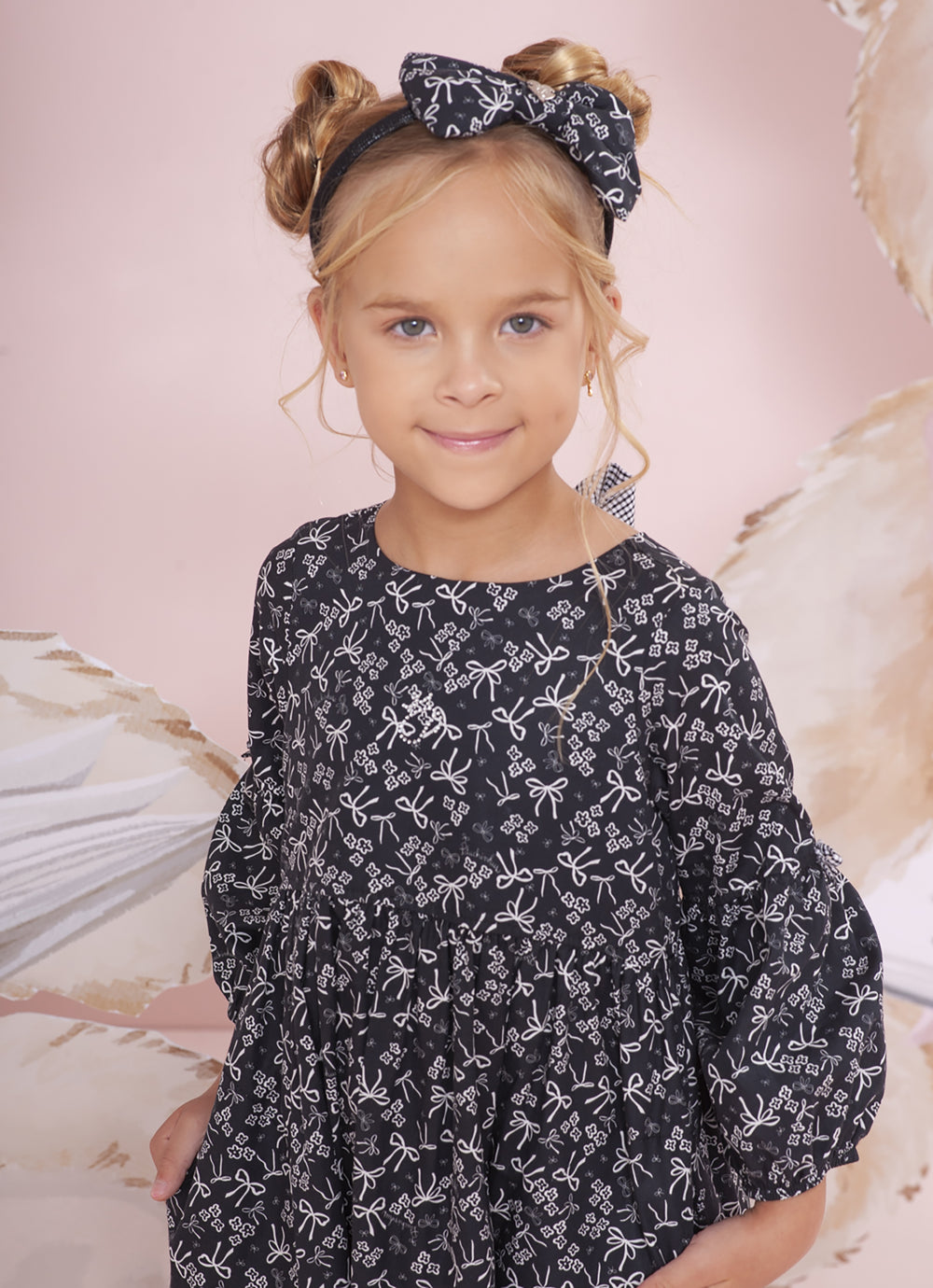 Vestido Algodão Floral Laços Preto e Branco