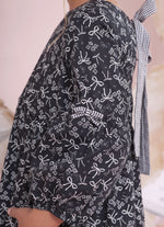 Vestido Algodão Floral Laços Preto e Branco