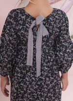 Vestido Algodão Floral Laços Preto e Branco
