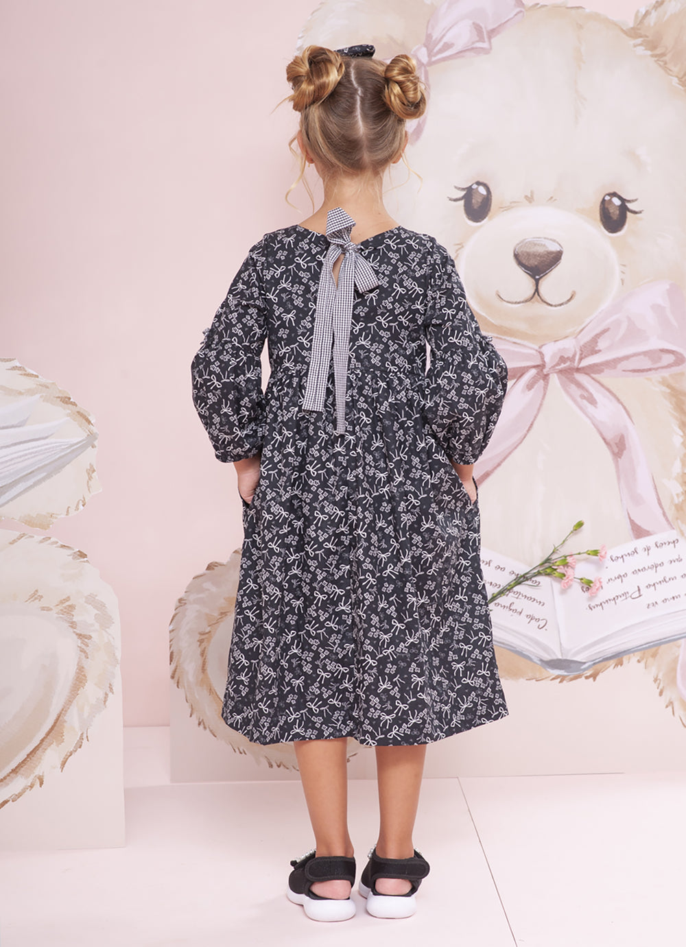 Vestido Algodão Floral Laços Preto e Branco