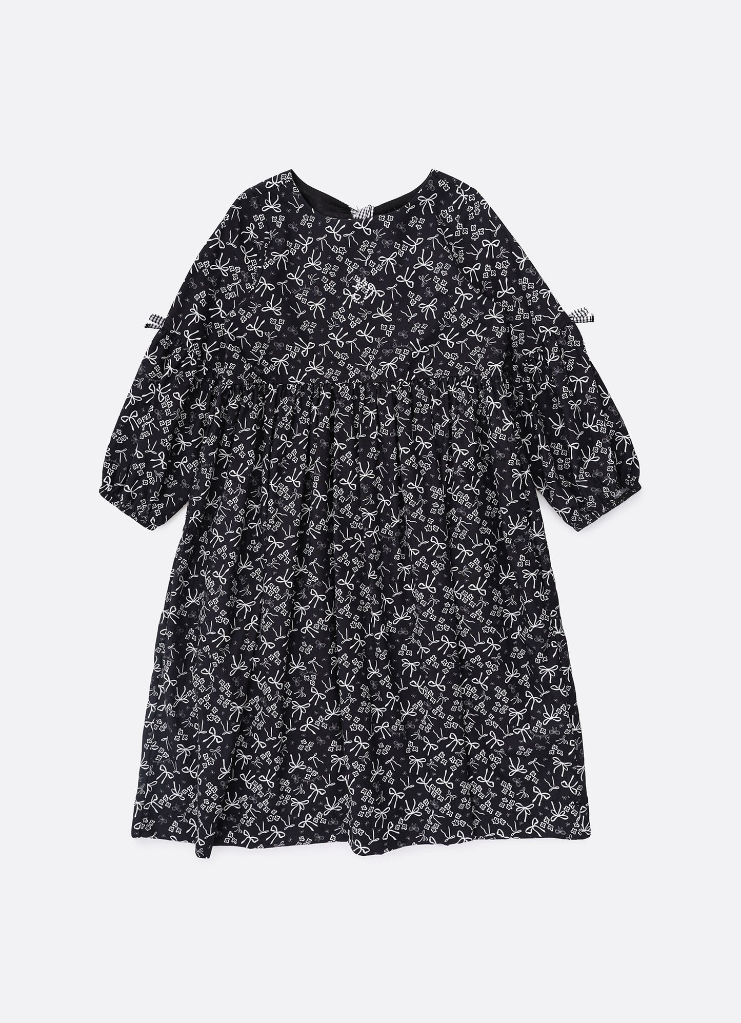 Vestido Algodão Floral Laços Preto e Branco