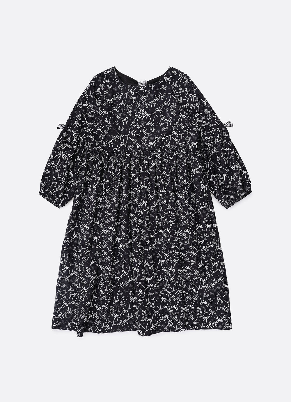 Vestido Algodão Floral Laços Preto e Branco