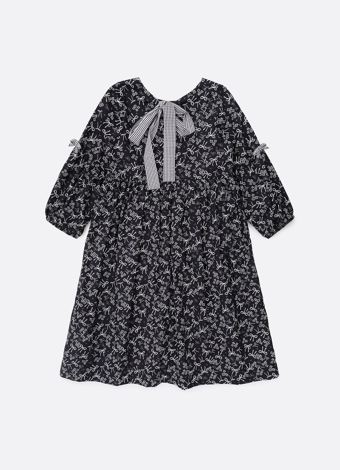 Vestido Algodão Floral Laços Preto e Branco