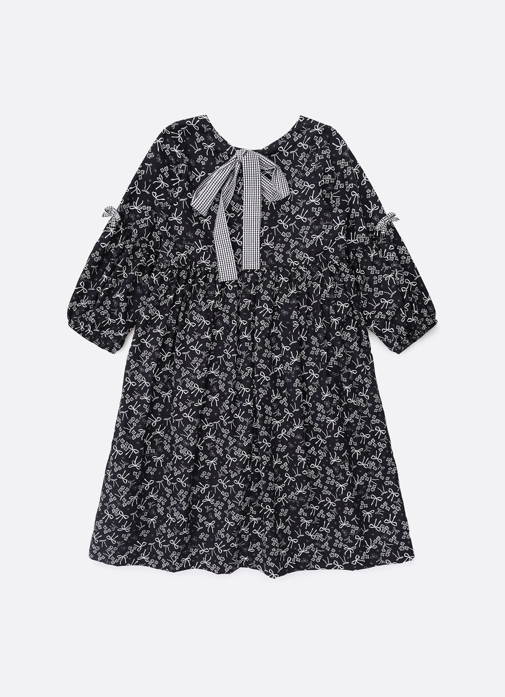 Vestido Algodão Floral Laços Preto e Branco