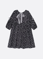 Vestido Algodão Floral Laços Preto e Branco