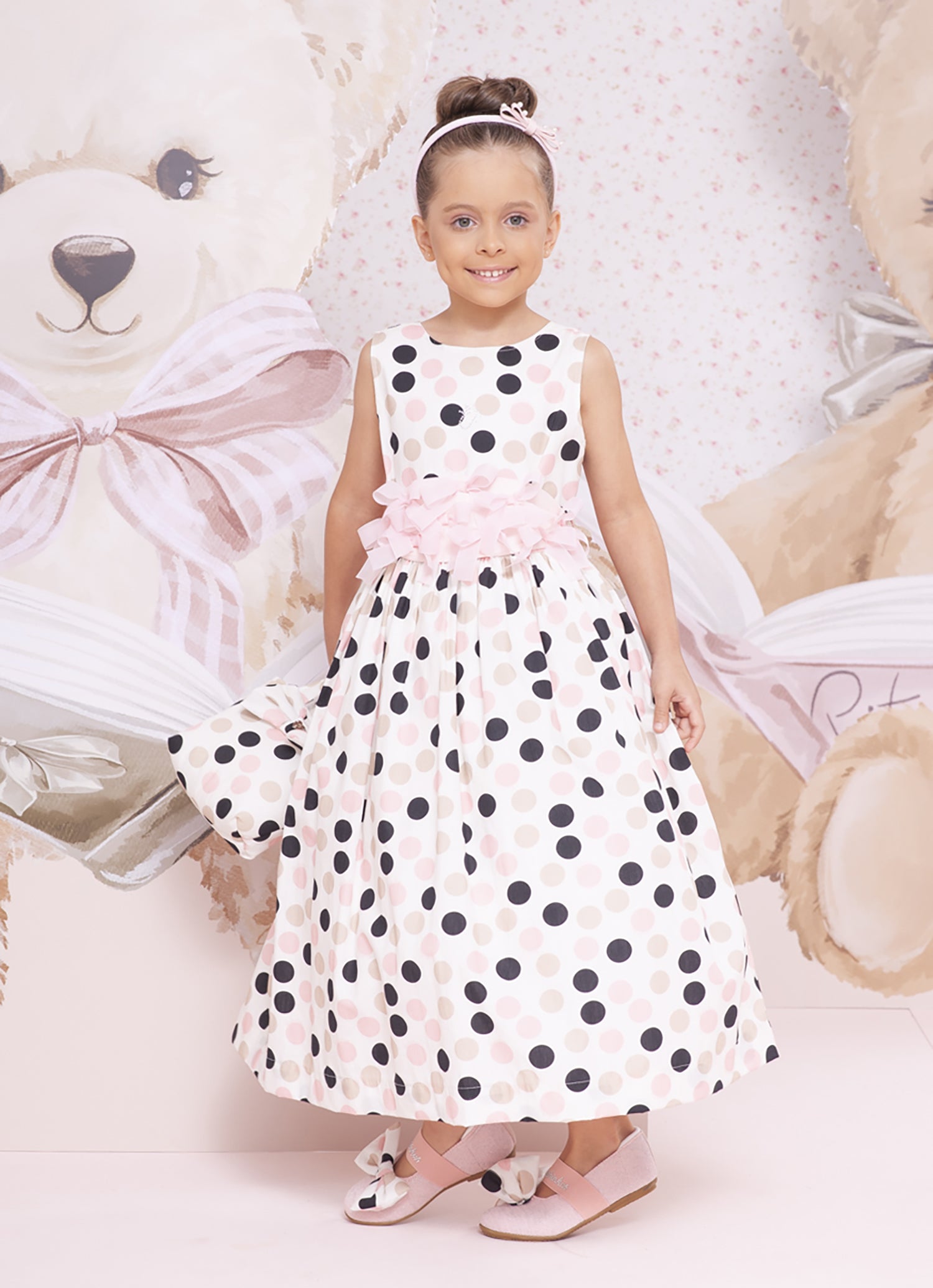 Vestido Midi Estampa Poá Colorido Cinto Multi Laços