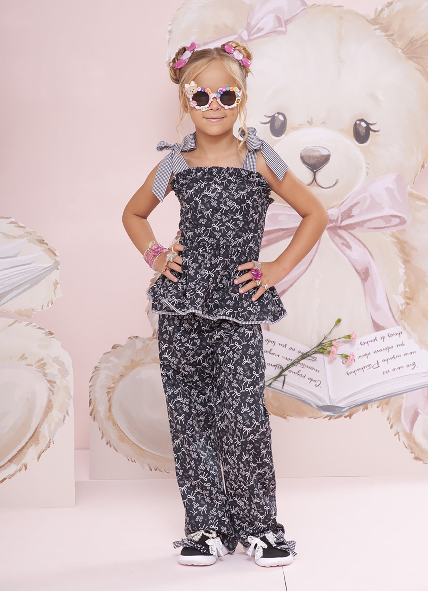 Calça Reta Algodão Floral e Laços