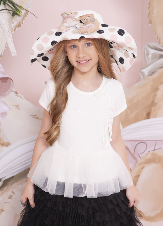 Blusa Cotton Babado Tule Laço Renda