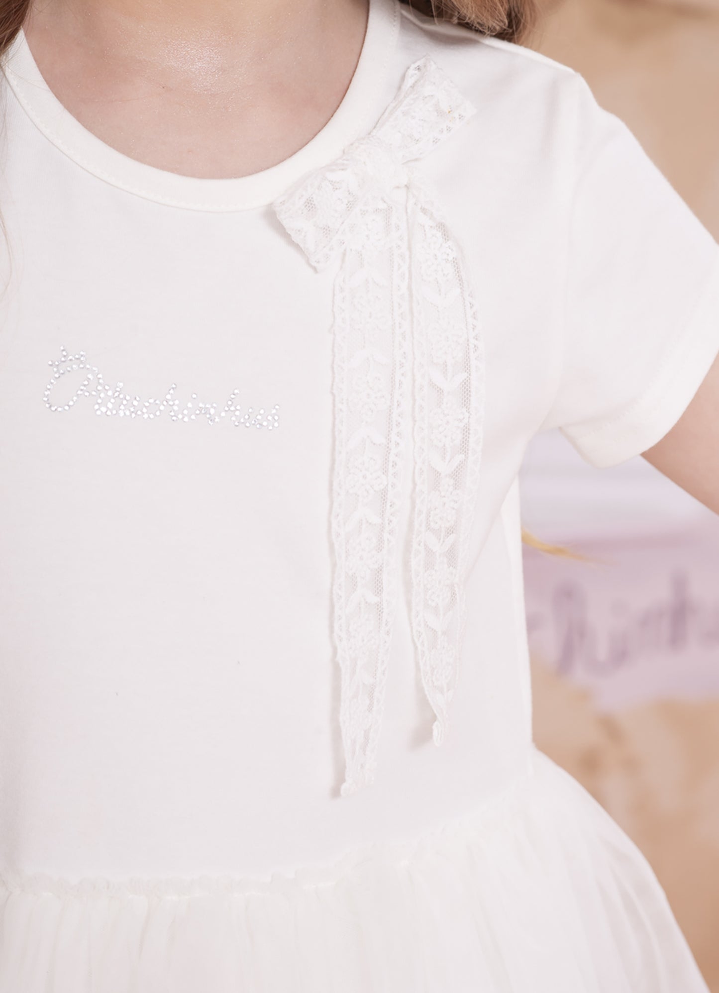Blusa Cotton Babado Tule Laço Renda