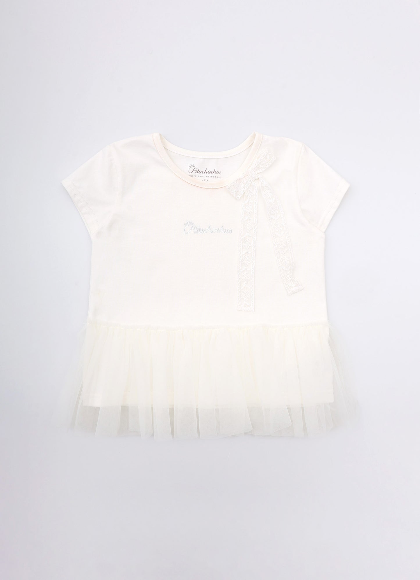 Blusa Cotton Babado Tule Laço Renda