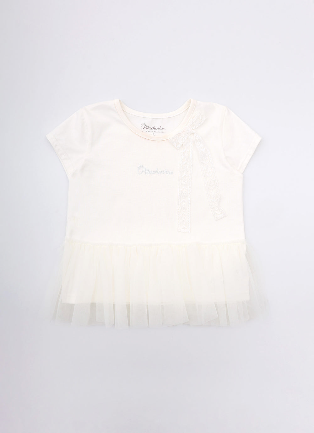 Blusa Cotton Babado Tule Laço Renda