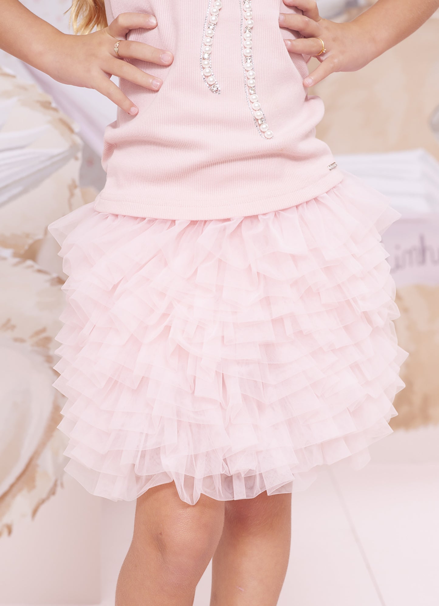 Saia Short Cascata Babados Tule