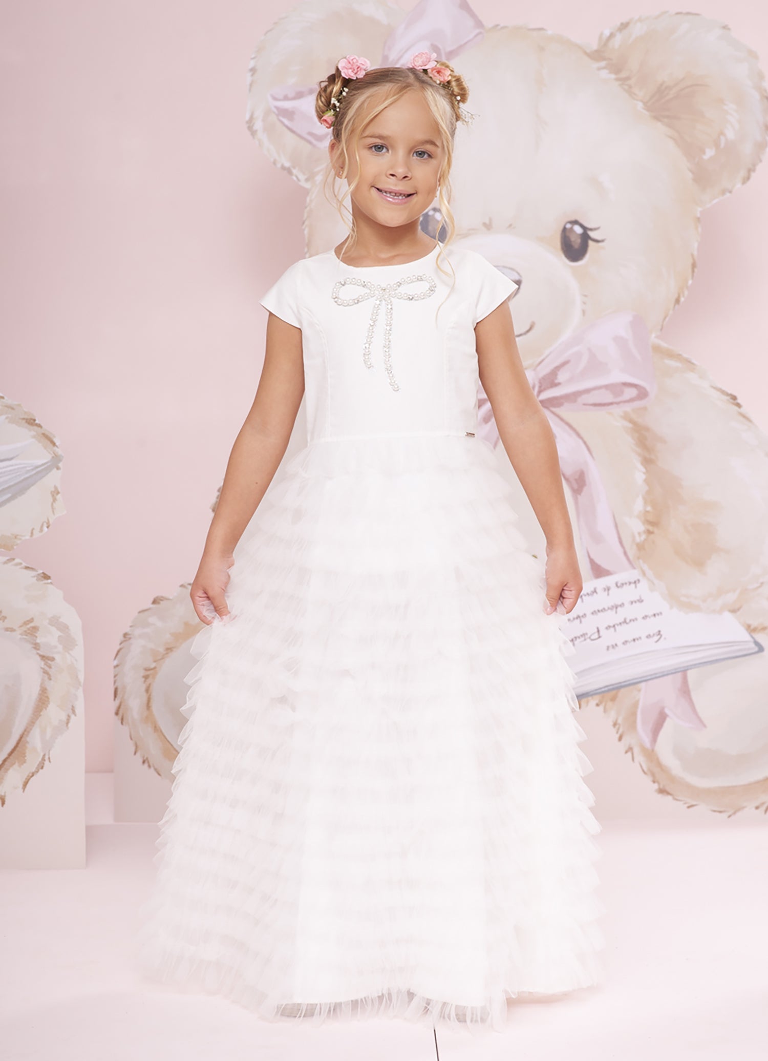 Vestido Longo Tule Babados Laço Bordado