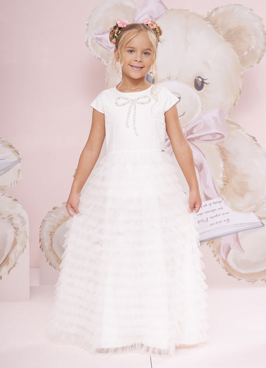 Vestido Longo Tule Babados Laço Bordado