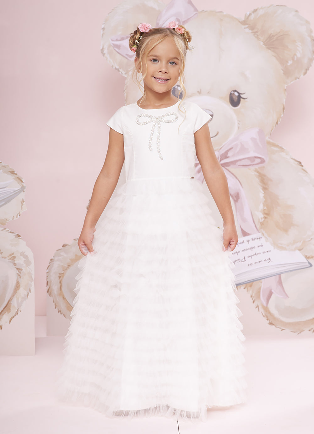 Vestido Longo Tule Babados Laço Bordado