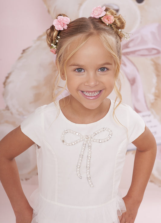 Vestido Longo Tule Babados Laço Bordado