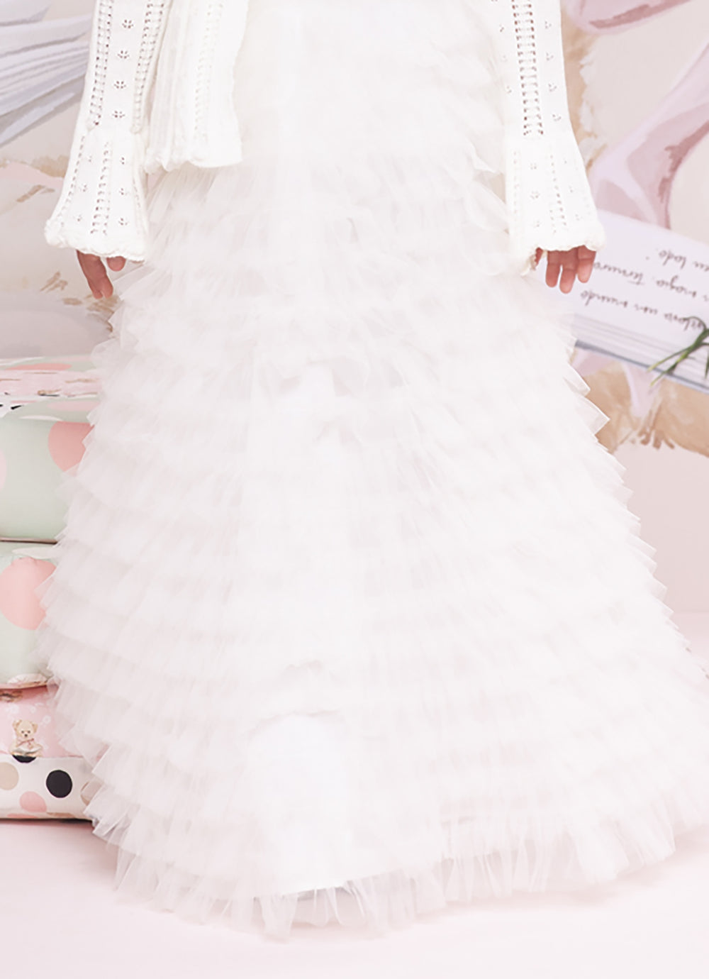 Vestido Longo Tule Babados Laço Bordado