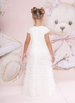 Vestido Longo Tule Babados Laço Bordado
