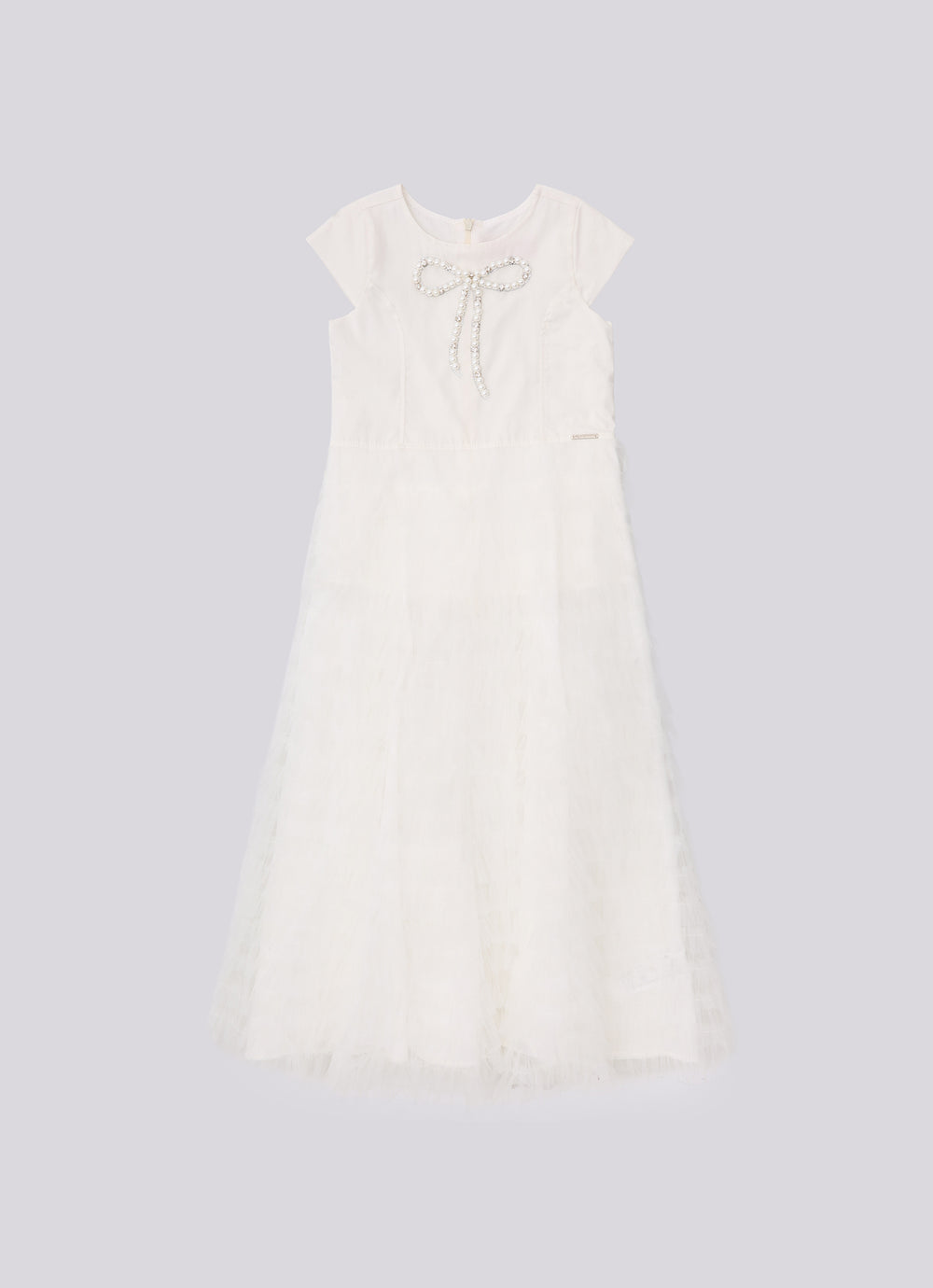Vestido Longo Tule Babados Laço Bordado