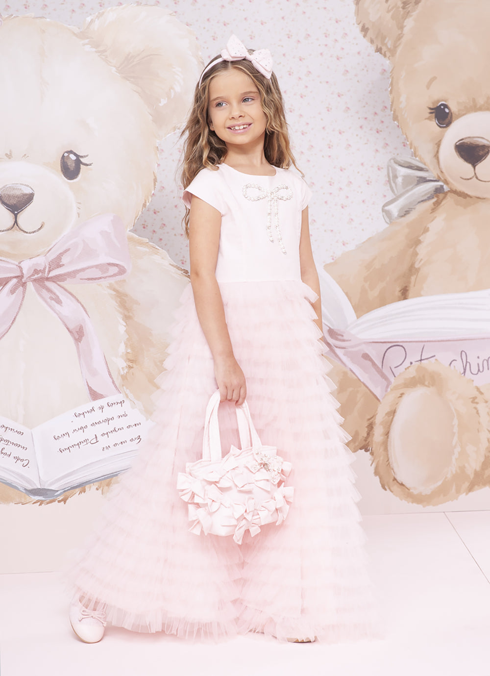 Vestido Longo Tule Babados Laço Bordado