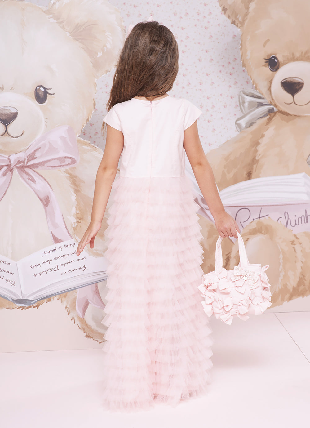 Vestido Longo Tule Babados Laço Bordado