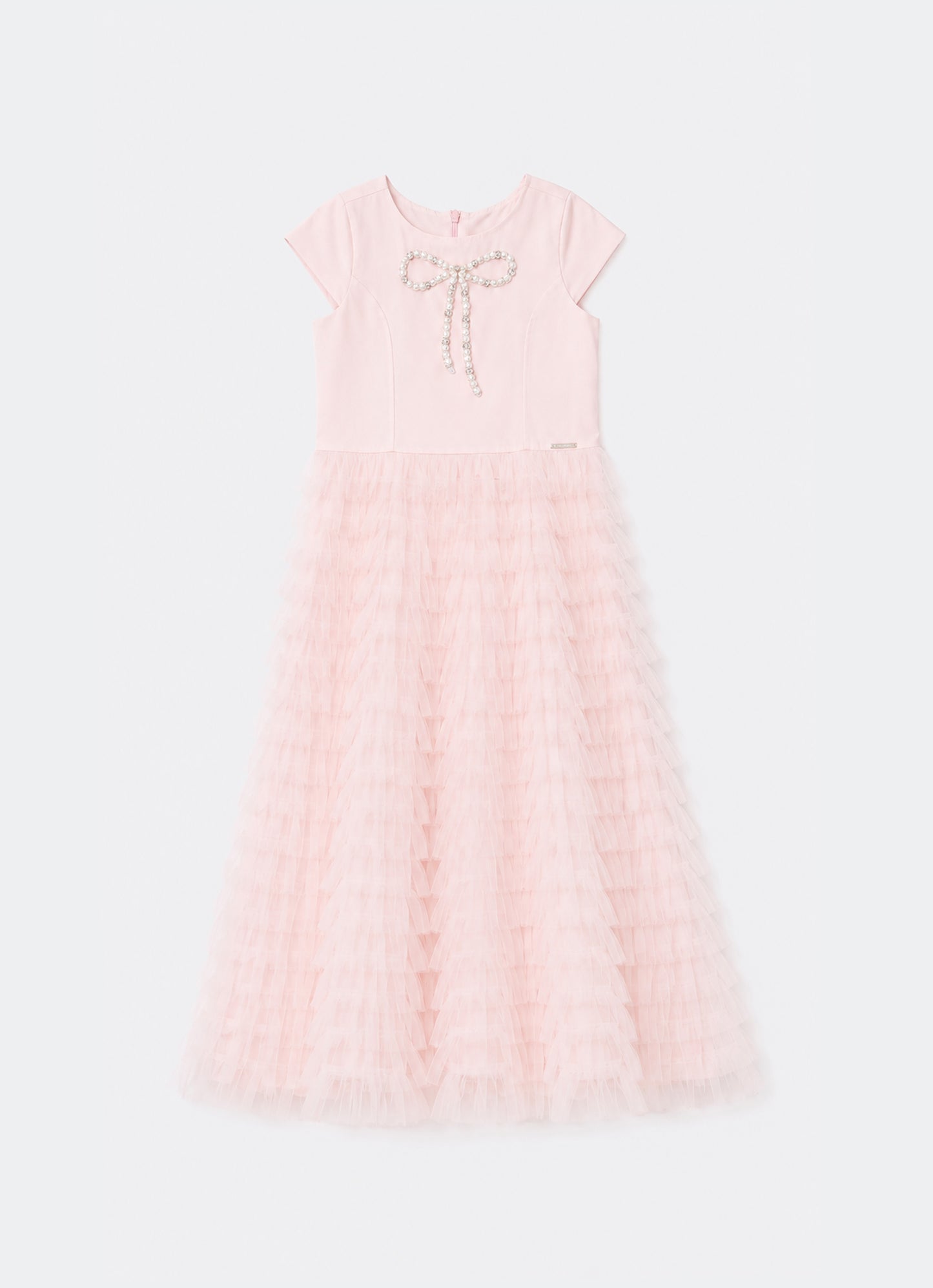 Vestido Longo Tule Babados Laço Bordado