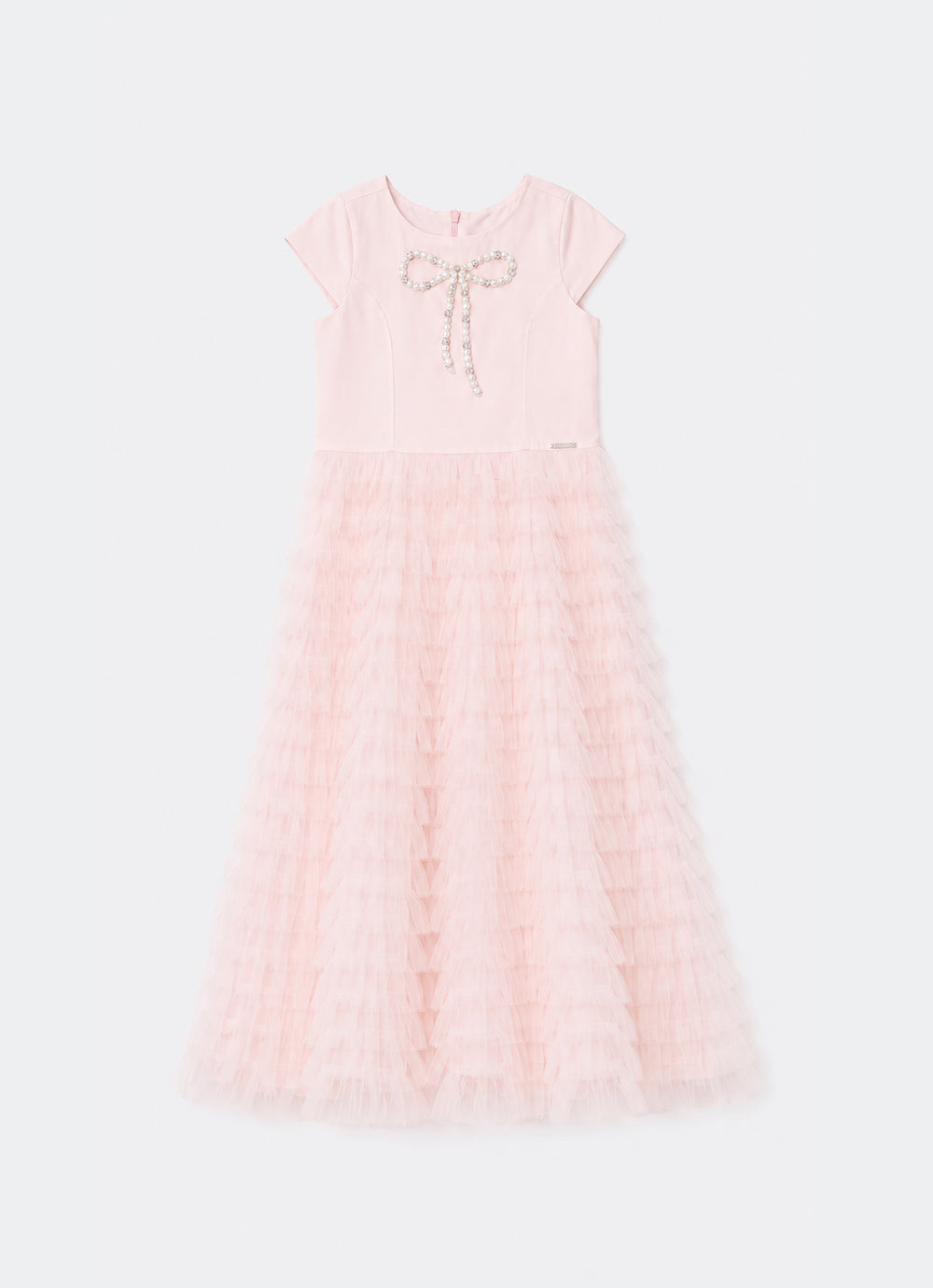 Vestido Longo Tule Babados Laço Bordado