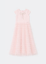Vestido Longo Tule Babados Laço Bordado