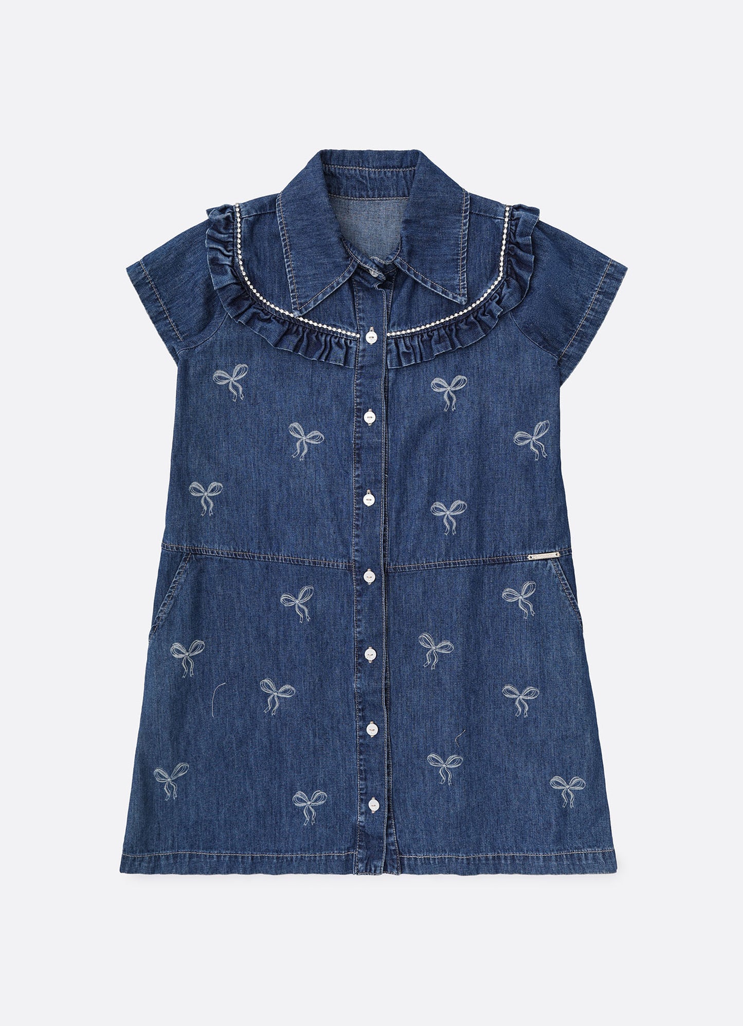 Vestido Jeans Fino Laços Detalhe Cristal