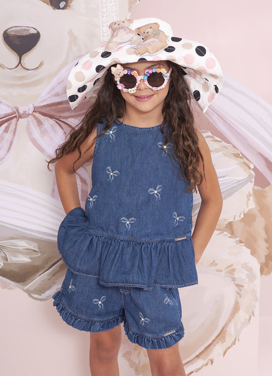 Blusa Jeans Fino Lacinhos Bordados