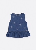 Blusa Jeans Fino Lacinhos Bordados