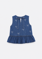 Blusa Jeans Fino Lacinhos Bordados